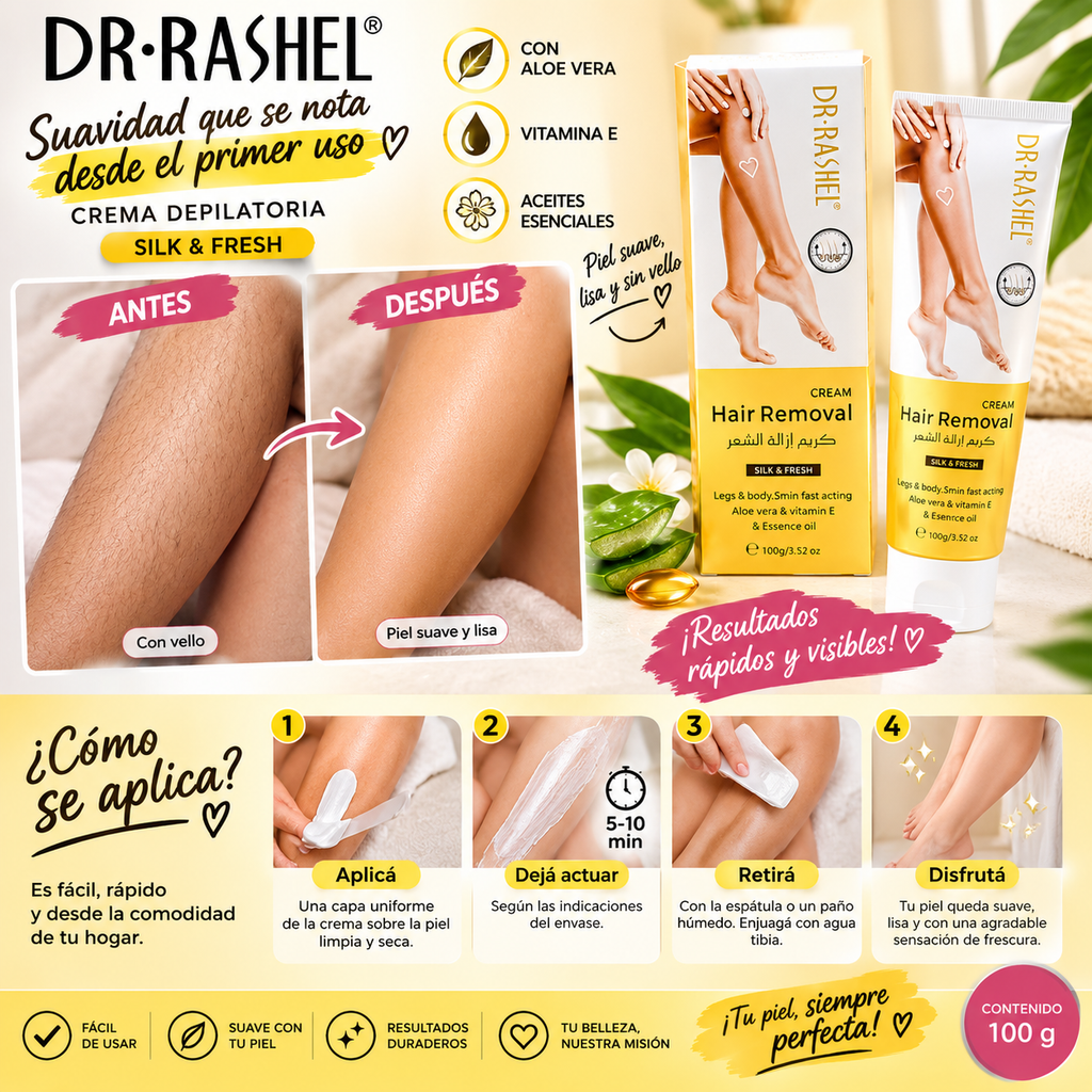 Crema depilatoria Dr. Rashel Silk & Fresh con aloe vera y vitamina E, presentación de 100 g