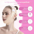 Mujer usando una faja facial beige alrededor del mentón y la cabeza