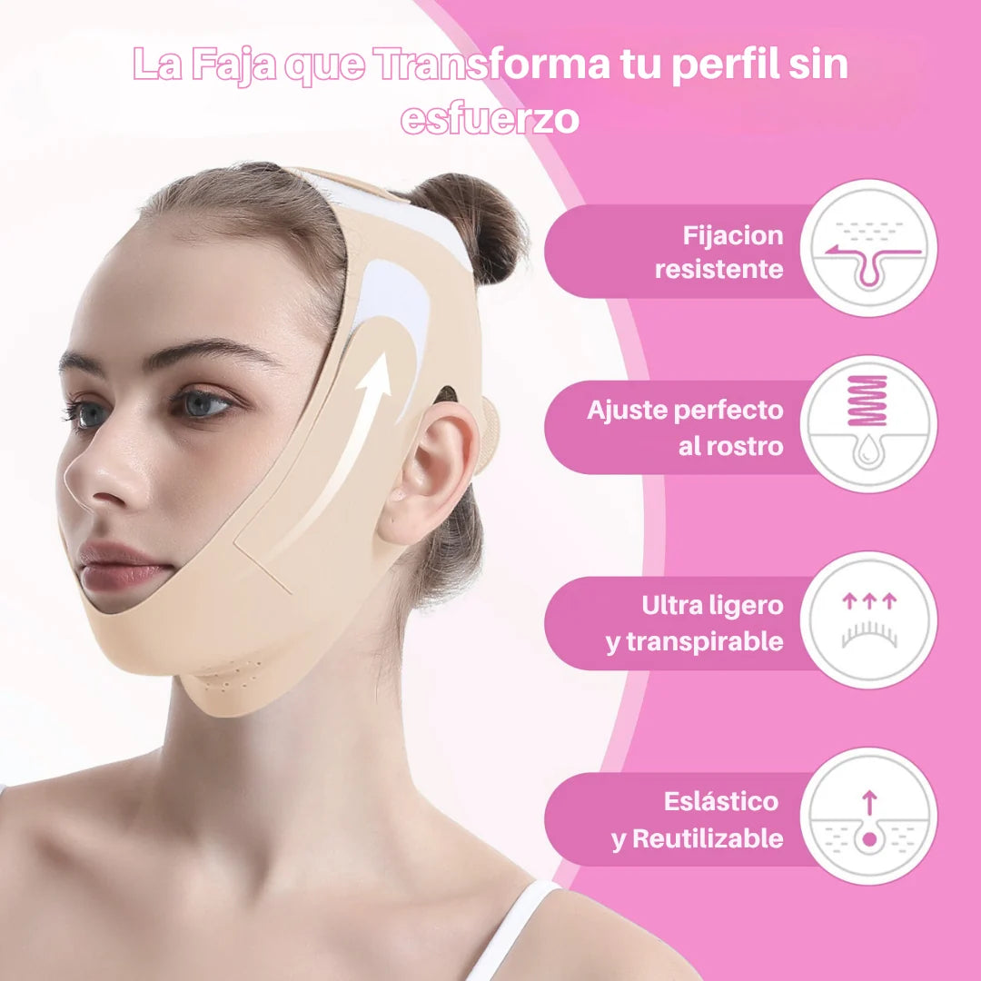 Mujer usando una faja facial beige alrededor del mentón y la cabeza