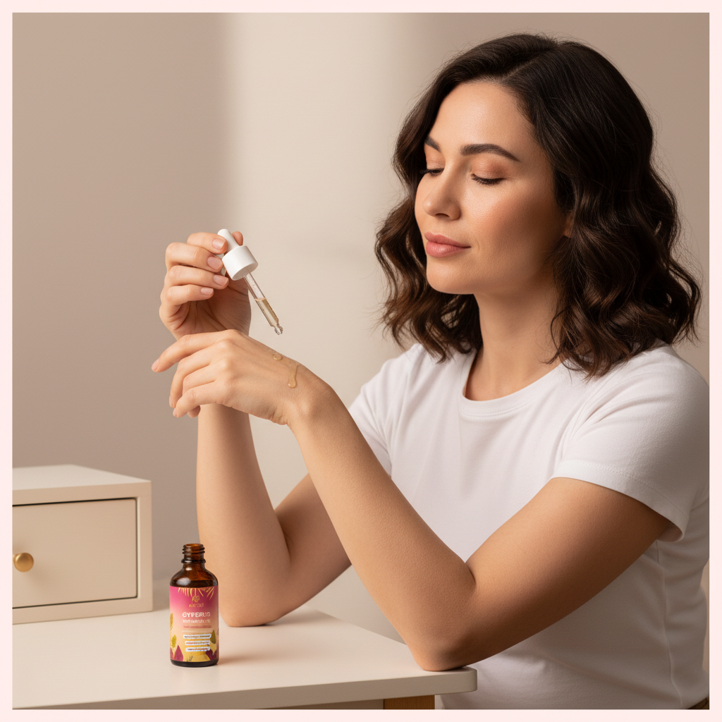 Mujer aplicando aceite Cyperus Rotundus ABYST sobre la piel del antebrazo