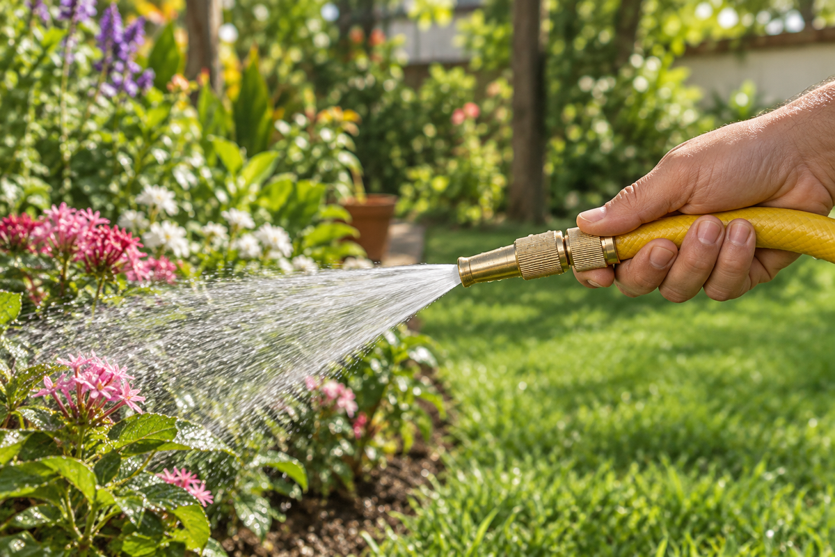 Escena ilustrativa generada con IA del pico regulable conectado a una manguera en un jardín