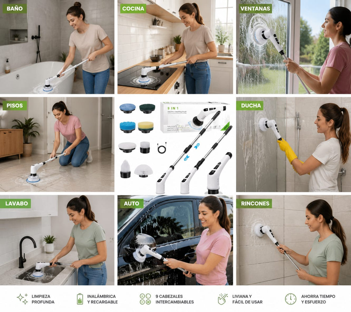 Cepillo Eléctrico Giratorio 9 en 1 con Mango Extensible