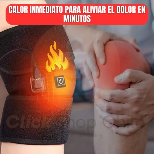 Rodillera negra con botón de encendido colocada sobre la rodilla